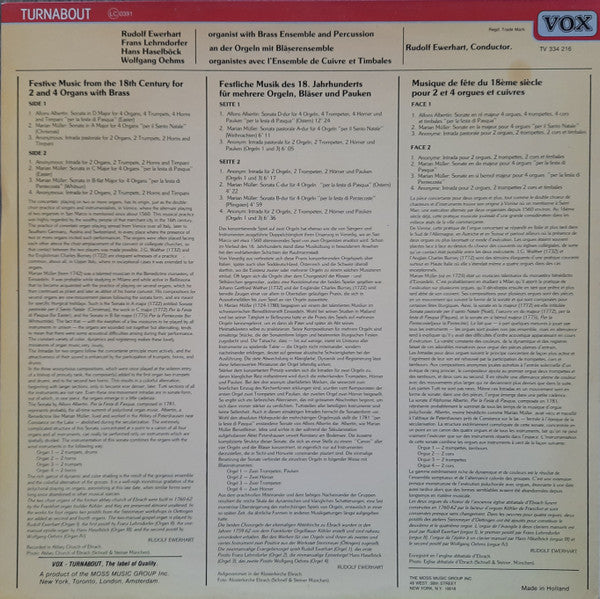 Rudolf Ewerhart, Franz Lehrndorfer, Hans Haselböck, Wolfgang Oehms : Festive Music From The 18th Century For 2 And 4 Organs With Brass (LP, Album, RE)