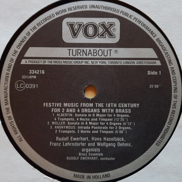 Rudolf Ewerhart, Franz Lehrndorfer, Hans Haselböck, Wolfgang Oehms : Festive Music From The 18th Century For 2 And 4 Organs With Brass (LP, Album, RE)