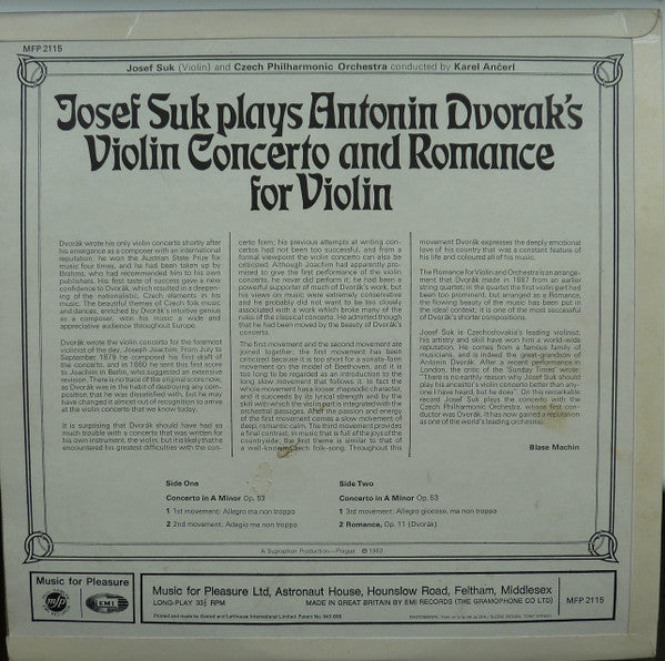 Josef Suk Plays Antonin Dvorak* : Violin Concerto And Romance For Violin (LP)