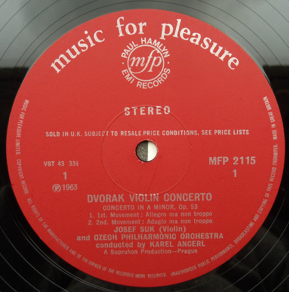 Josef Suk Plays Antonin Dvorak* : Violin Concerto And Romance For Violin (LP)