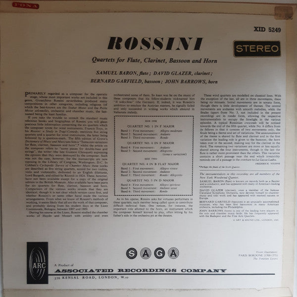 Gioacchino Rossini, Samuel Baron, David Glazer, Bernard Garfield, John Barrows : Quartets For  Flute, Clarinet, Bassoon And Horn No.1 In F Major / No.4 In B Flat Major / No.5 In D  Major / No.6 In F Major (LP)