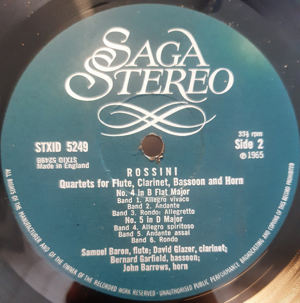 Gioacchino Rossini, Samuel Baron, David Glazer, Bernard Garfield, John Barrows : Quartets For  Flute, Clarinet, Bassoon And Horn No.1 In F Major / No.4 In B Flat Major / No.5 In D  Major / No.6 In F Major (LP)