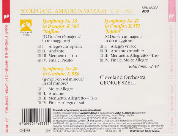 Wolfgang Amadeus Mozart - The Cleveland Orchestra, George Szell : Symphonies No. 35 "Haffner" • No. 40 • No. 41 "Jupiter" (CD, Comp, RE, RM)