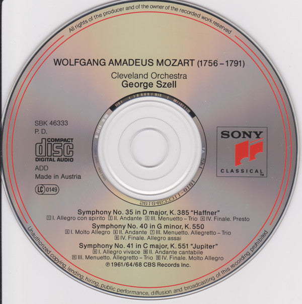 Wolfgang Amadeus Mozart - The Cleveland Orchestra, George Szell : Symphonies No. 35 "Haffner" • No. 40 • No. 41 "Jupiter" (CD, Comp, RE, RM)