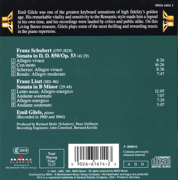 Franz Schubert, Franz Liszt, Emil Gilels : Sonata In D, D. 850/Op. 53 •  Sonata In B Minor (CD, Comp, RM)