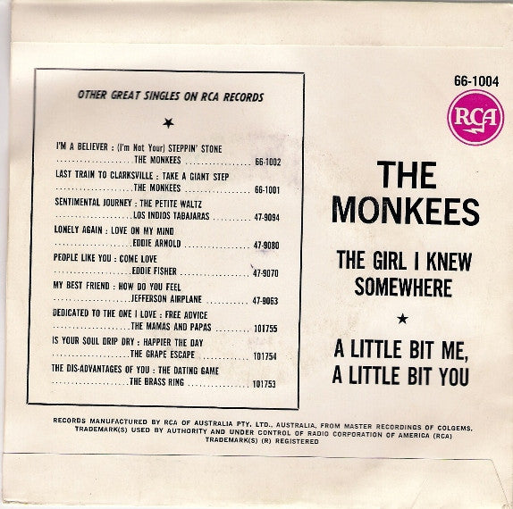 The Monkees : A Little Bit Me, A Little Bit You/The Girl I Knew Somewhere (7")
