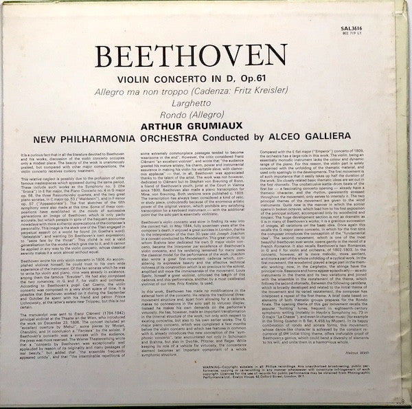 Beethoven* / Arthur Grumiaux : Violin Concerto In D-Major (LP)