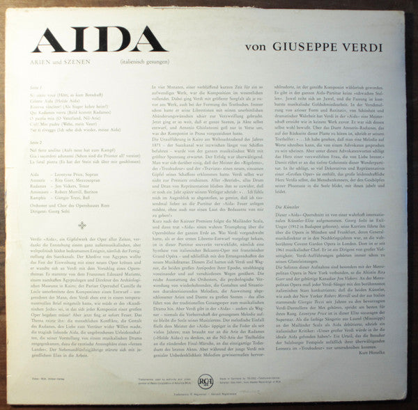Giuseppe Verdi, Georg Solti Conducting Orchestra Del Teatro Dell'Opera Di Roma And Coro Del Teatro Dell'Opera Di Roma, Leontyne Price, Jon Vickers, Rita Gorr, Robert Merrill, Giorgio Tozzi : Aïda (Querschnitt) (LP)