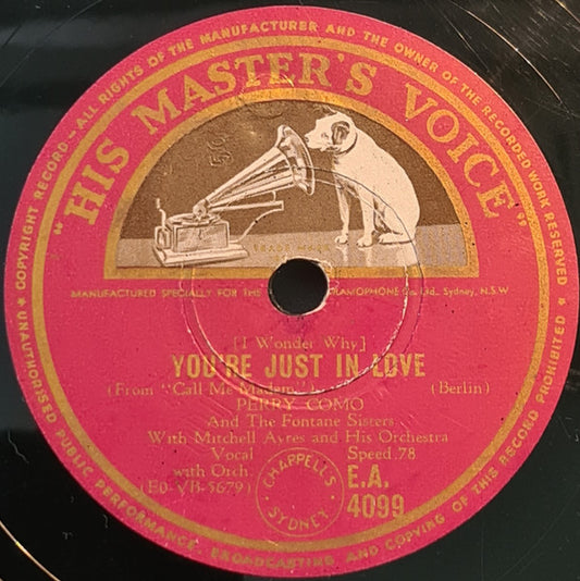 Perry Como : (I Wonder Why) You're Just In Love / It's A Lovely Day Today (Shellac, 10")
