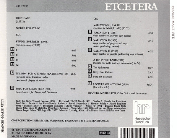 John Cage - Frances-Marie Uitti : Works For Cello • Lecture On Nothing (2xCD, Album)