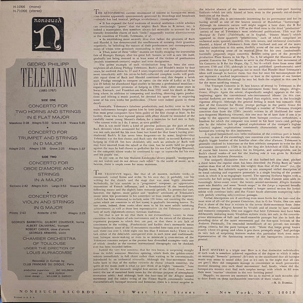 Georg Philipp Telemann, Chamber Orchestra Of Toulouse* Under The Direction Of Louis Auriacombe : Concerto For 2 Horns • Trumpet • Oboe D'Amore • Violin (LP)