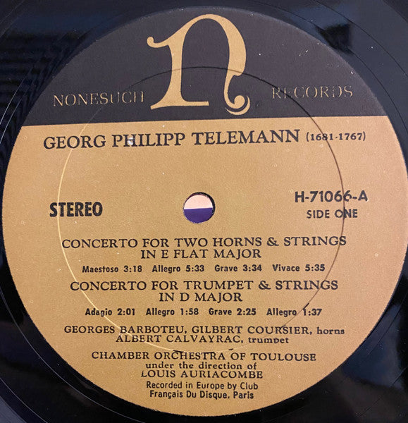 Georg Philipp Telemann, Chamber Orchestra Of Toulouse* Under The Direction Of Louis Auriacombe : Concerto For 2 Horns • Trumpet • Oboe D'Amore • Violin (LP)