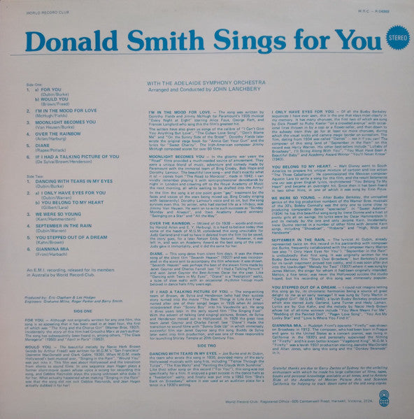 Donald Smith (10), Adelaide Symphony Orchestra Arranged And Conducted By John Lanchbery : Donald Smith Sings For You (LP, Album, Club)