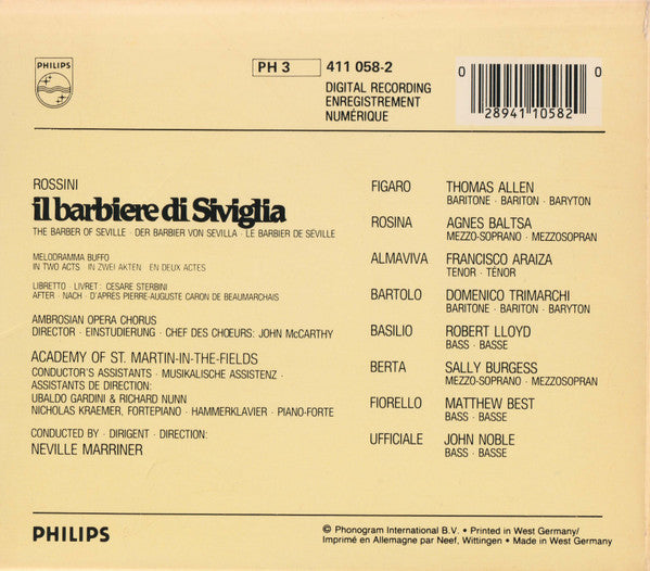 Gioacchino Rossini • Thomas Allen • Agnes Baltsa • Francisco Araiza • The Academy Of St. Martin-in-the-Fields • Sir Neville Marriner : Il Barbiere Di Siviglia (3xCD, Album, Blu + Box)