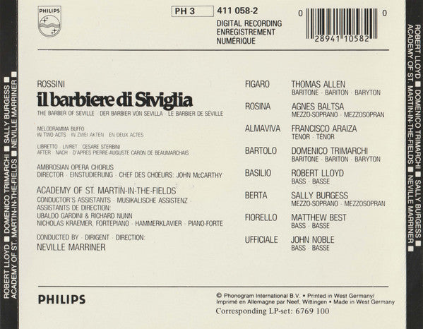 Gioacchino Rossini • Thomas Allen • Agnes Baltsa • Francisco Araiza • The Academy Of St. Martin-in-the-Fields • Sir Neville Marriner : Il Barbiere Di Siviglia (3xCD, Album, Blu + Box)