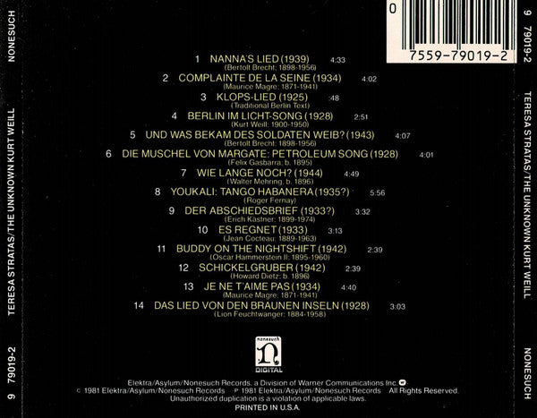 Teresa Stratas : The Unknown Kurt Weill (CD)