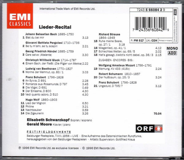Elisabeth Schwarzkopf, Gerald Moore : Lieder-Recital Salzburg 1956 (CD, Album)