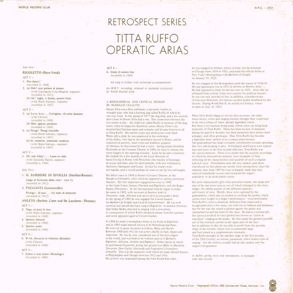 Titta Ruffo : Operatic Arias (LP, Comp, Mono, Club)