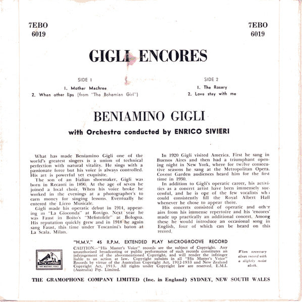 Beniamino Gigli : Gigli Encores (7", EP, Mono)