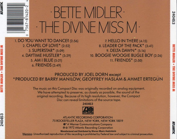 Bette Midler : The Divine Miss M (CD, Album, RE)
