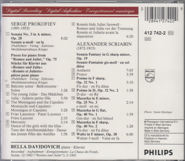 Prokofiev* / Scriabin* – Bella Davidovich : Romeo And Juliet (Excerpts = Ausschnitte) • Sonata No. 3, Op. 28 / Sonata · Waltz · 2 Poèmes · 3 Mazurkas (CD)