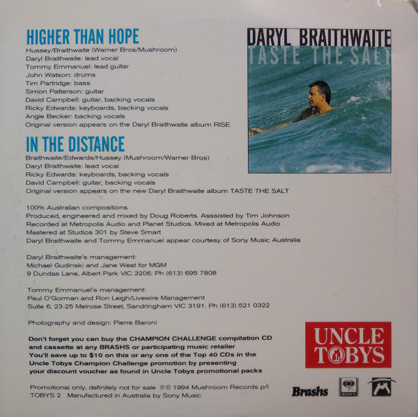 Daryl Braithwaite With Tommy Emmanuel : Higher Than Hope (CD, Single, Promo, Car)