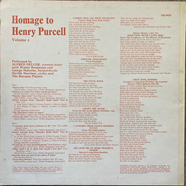 Henry Purcell : Homage to Henry Purcell Volume 2  An anthology comprising the most celebrated songs, sacred airs and concerted pieces for strings and harpsichord (LP, Album)