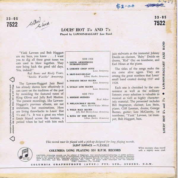 Lawson-Haggart Jazz Band : Louis' Hot 5's And 7's (10", Album)