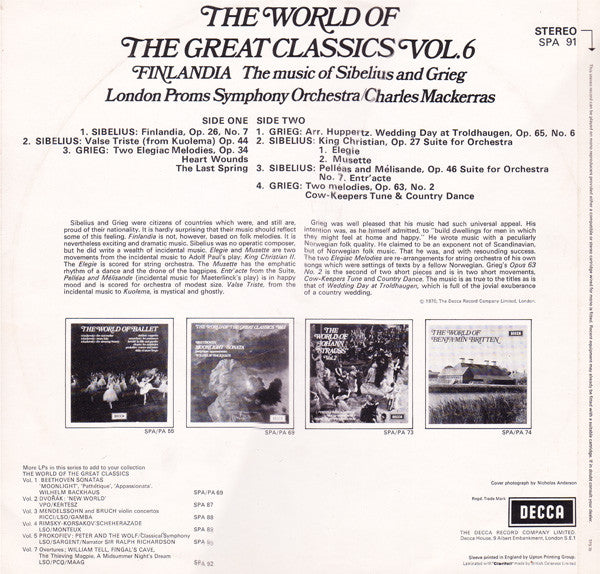The London Proms Symphony Orchestra Conducted By Charles Mackerras* : The World Of The Great Classics Vol.6: Finlandia The Music Of Sibelius And Grieg (LP)