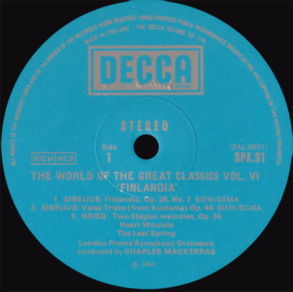The London Proms Symphony Orchestra Conducted By Charles Mackerras* : The World Of The Great Classics Vol.6: Finlandia The Music Of Sibelius And Grieg (LP)