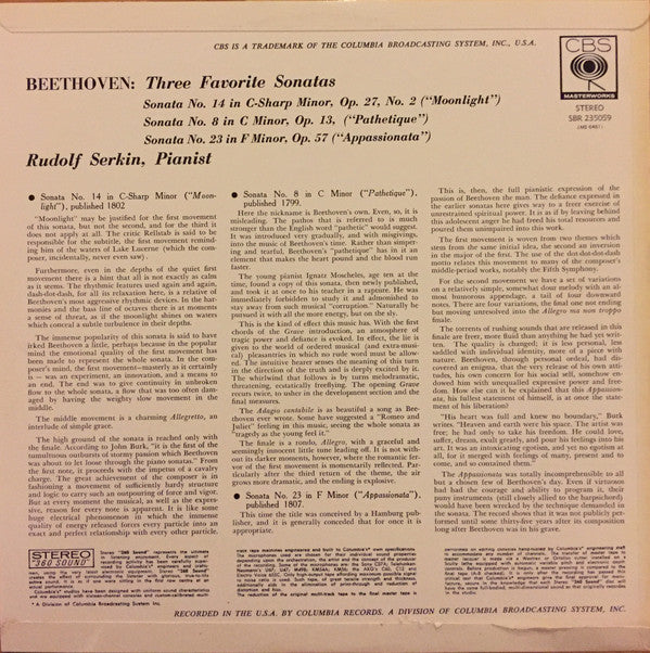 Rudolf Serkin, Beethoven* : Three Favorites Sonatas (LP)