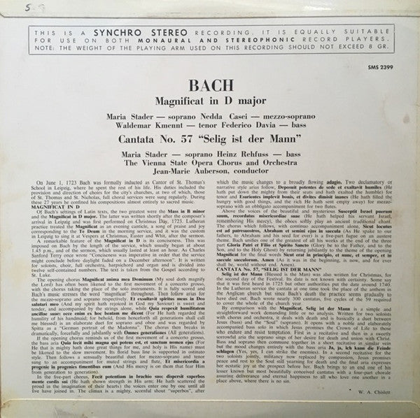 Johann Sebastian Bach, Wiener Staatsopernchor And Wiener Festspielorchester, Jean-Marie Auberson : Magnificat / Cantata No 57 "Selig Ist Der Mann" (LP, Album)