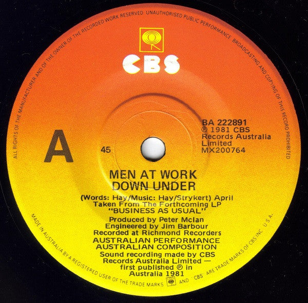Men At Work : Down Under (7", Single)