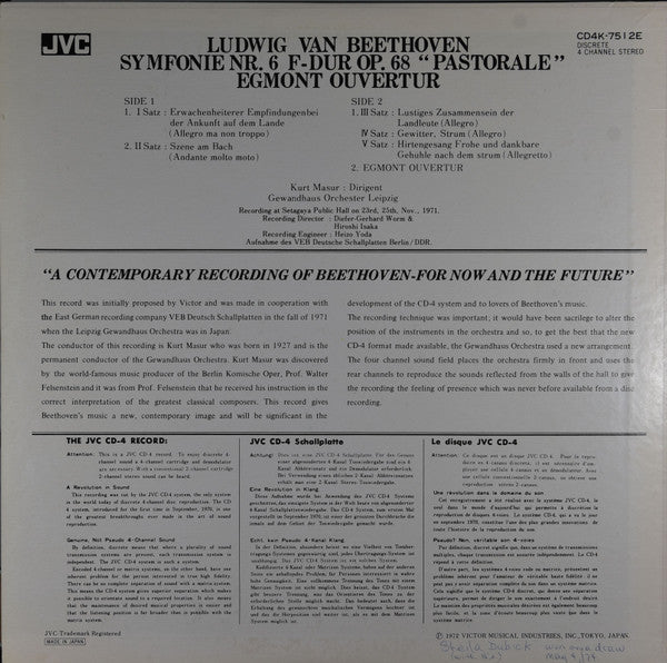 Ludwig van Beethoven, Gewandhausorchester Leipzig, Kurt Masur : Symphony Nr. 6 "Pastorale" (LP, Album, Quad)