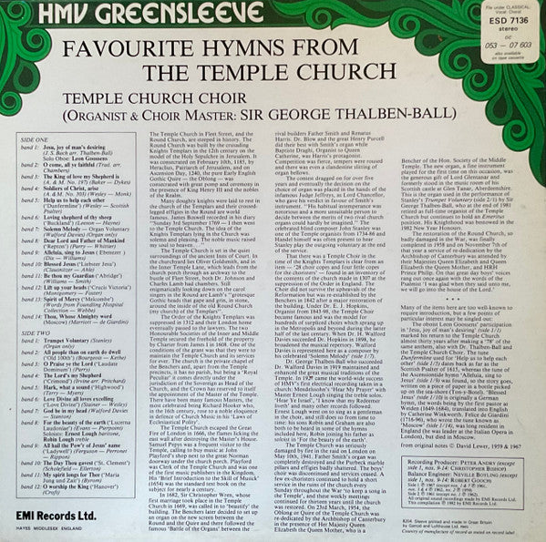The Choir Of The Temple Church : Favourite Hymns From The Temple Church (LP)