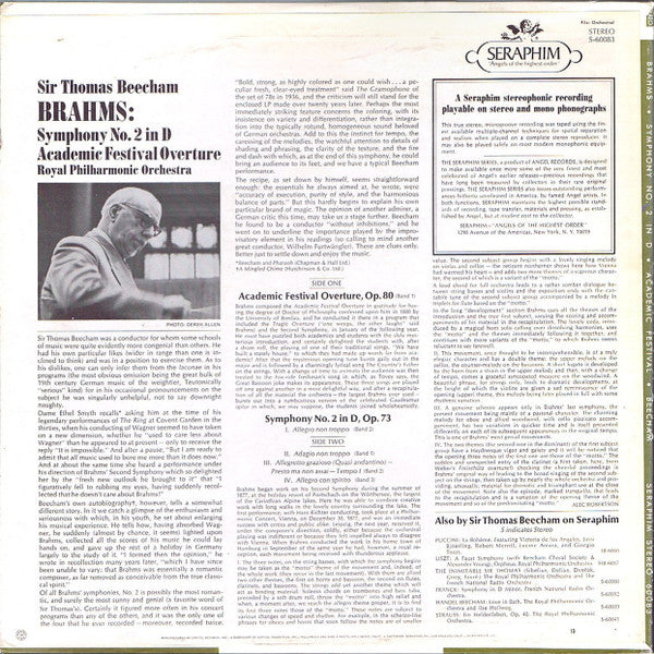 Brahms* / Sir Thomas Beecham, Royal Philharmonic Orchestra : Symphony No. 2 In D / Academic Festival Overture (LP)
