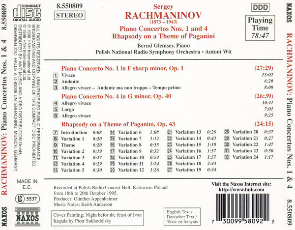 Rachmaninov* : Bernd Glemser · Polish National Radio Symphony Orchestra* · Antoni Wit : Piano Concertos Nos. 1 And 4 / Rhapsody On A Theme Of Paganini (CD)