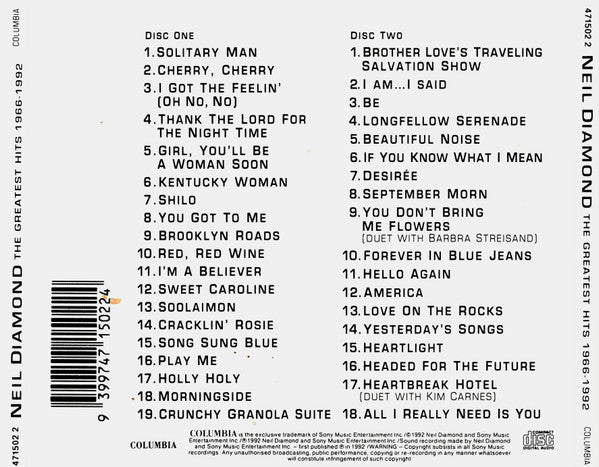 Neil Diamond : The Greatest Hits 1966-1992 (2xCD, Comp, RE)