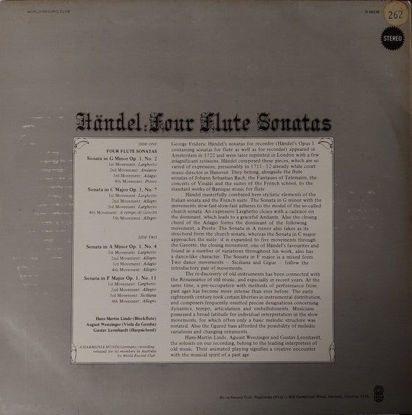 Georg Friedrich Händel, Hans-Martin Linde, August Wenzinger, Gustav Leonhardt : Four Flute Sonatas (LP)