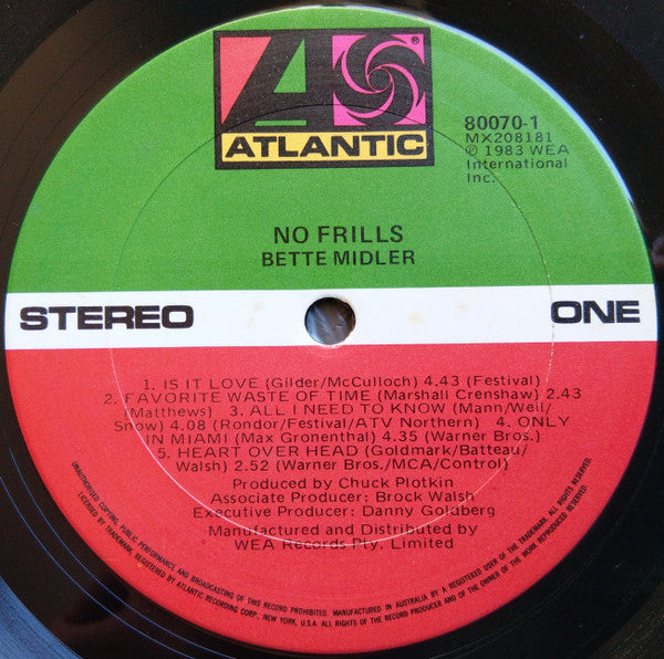 Bette Midler : No Frills (LP, Album)