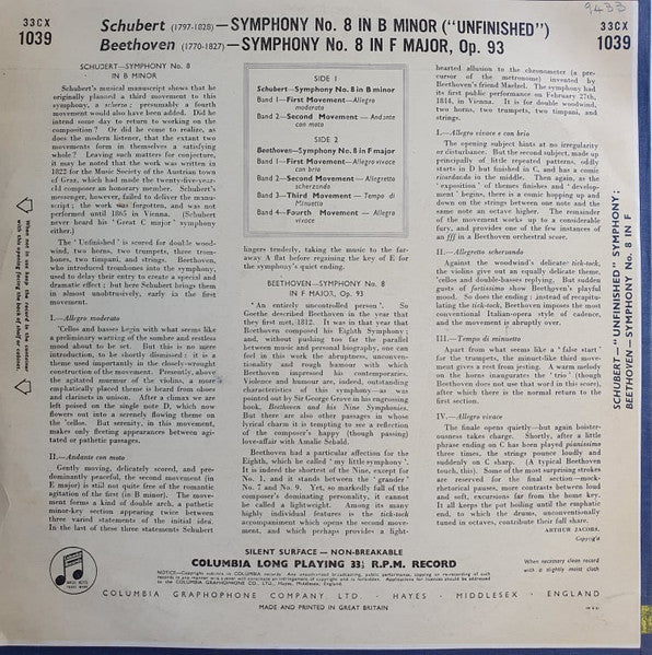 Franz Schubert / Ludwig van Beethoven - Sir Thomas Beecham Conducting  Royal Philharmonic Orchestra : Symphony No. 8 In B Minor ("Unfinished") / Symphony No. 8 In F Major, Op. 93 (LP, Blu)