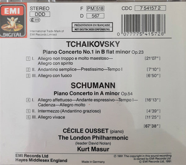 Cécile Ousset, The London Philharmonic*, Kurt Masur : Tchaikovsky & Schumann: Piano Concertos (CD)