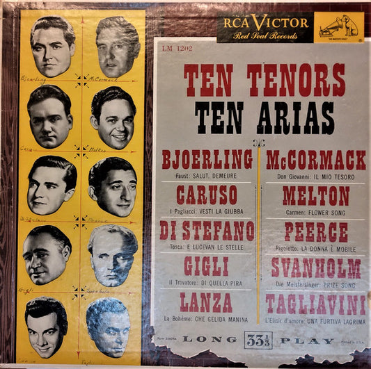 Jussi Björling, Enrico Caruso, Giuseppe di Stefano, Beniamino Gigli, Mario Lanza, John McCormack (2), James Melton, Jan Peerce, Set Svanholm, Ferruccio Tagliavini : Ten Tenors - Ten Arias (LP, Comp, Mono, RP)