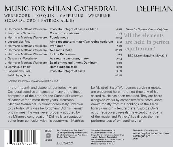 Werrecore*, Josquin*, Gaffurius*, Weerebeke*, Siglo De Oro, Patrick Allies : Music For Milan Cathedral (CD, Album)