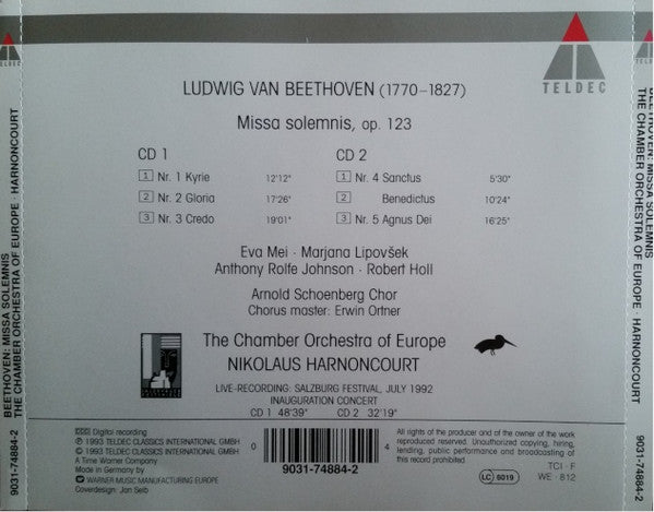Ludwig van Beethoven - Eva Mei • Marjana Lipovšek • Anthony Rolfe Johnson • Robert Holl • Arnold Schoenberg Chor, The Chamber Orchestra Of Europe, Nikolaus Harnoncourt : Missa Solemnis (2xCD, RE)