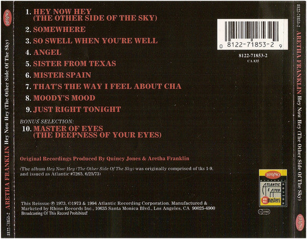 Aretha Franklin : Hey Now Hey (The Other Side Of The Sky) (CD, Album, RE, RM, Bon)