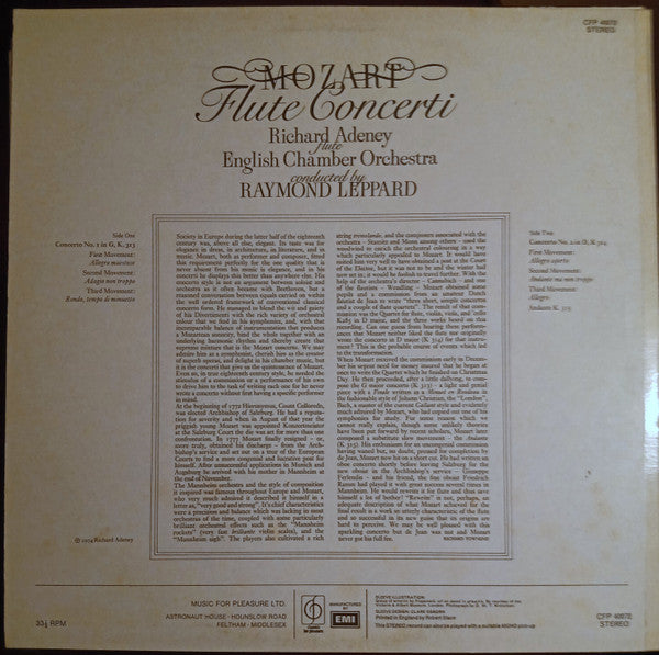 Wolfgang Amadeus Mozart ; Richard Adeney, English Chamber Orchestra Conducted By Raymond Leppard : Flute Concerti (LP)