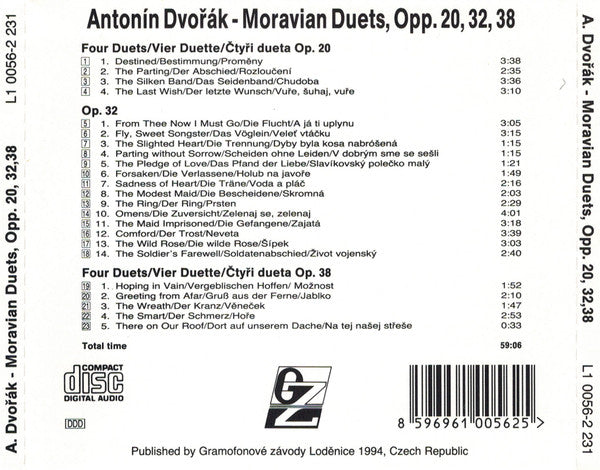 Antonín Dvořák : Moravian Duets Opp. 20, 32, 38 (CD, RP)