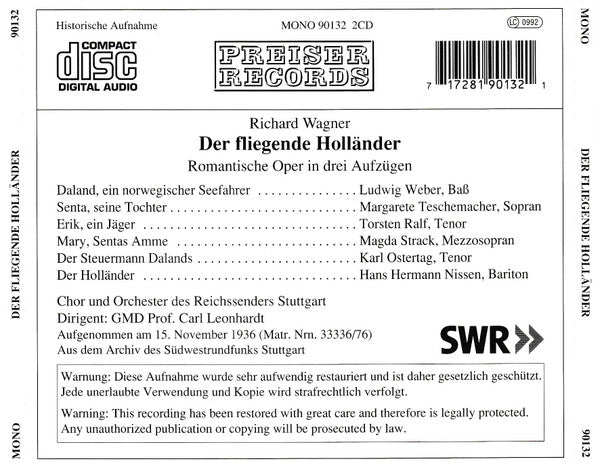 Richard Wagner, Margarete Teschemacher, Magda Strack, Torsten Ralf, Hans Hermann Nissen, Ludwig Weber, Karl Ostertag, Radio-Sinfonieorchester Stuttgart, Carl Leonhardt : Der Fliegende Holländer 1936, & Excerpts From Tristan Und Isolde (1938) And Die Meistersinger Von Nürnberg (1938) (2xCD, Album, Mono)