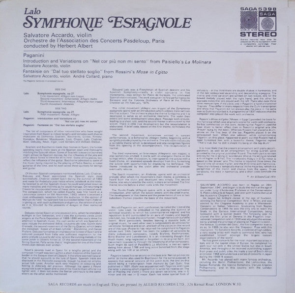 Édouard Lalo / Niccolò Paganini, Salvatore Accardo : Symphonie Espagnole / Introduction And Variations On 'Nel Cor Piu On Mi Sento' / Fantasie On 'Dal Tuo Stellato Soglio' (LP)